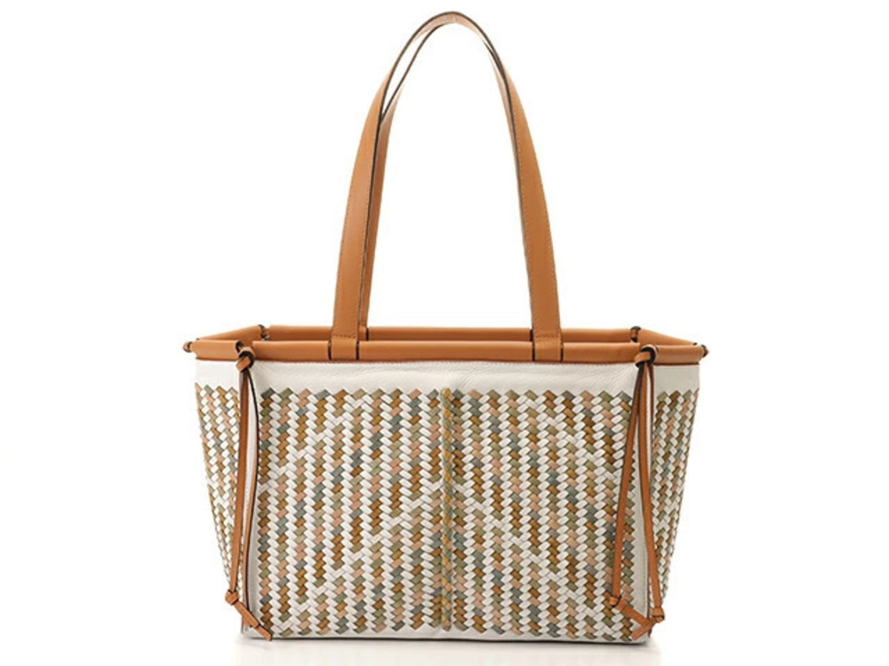 Loewe Cushion Tote Bag Brown White Green Khaki Green Calfskin Woven